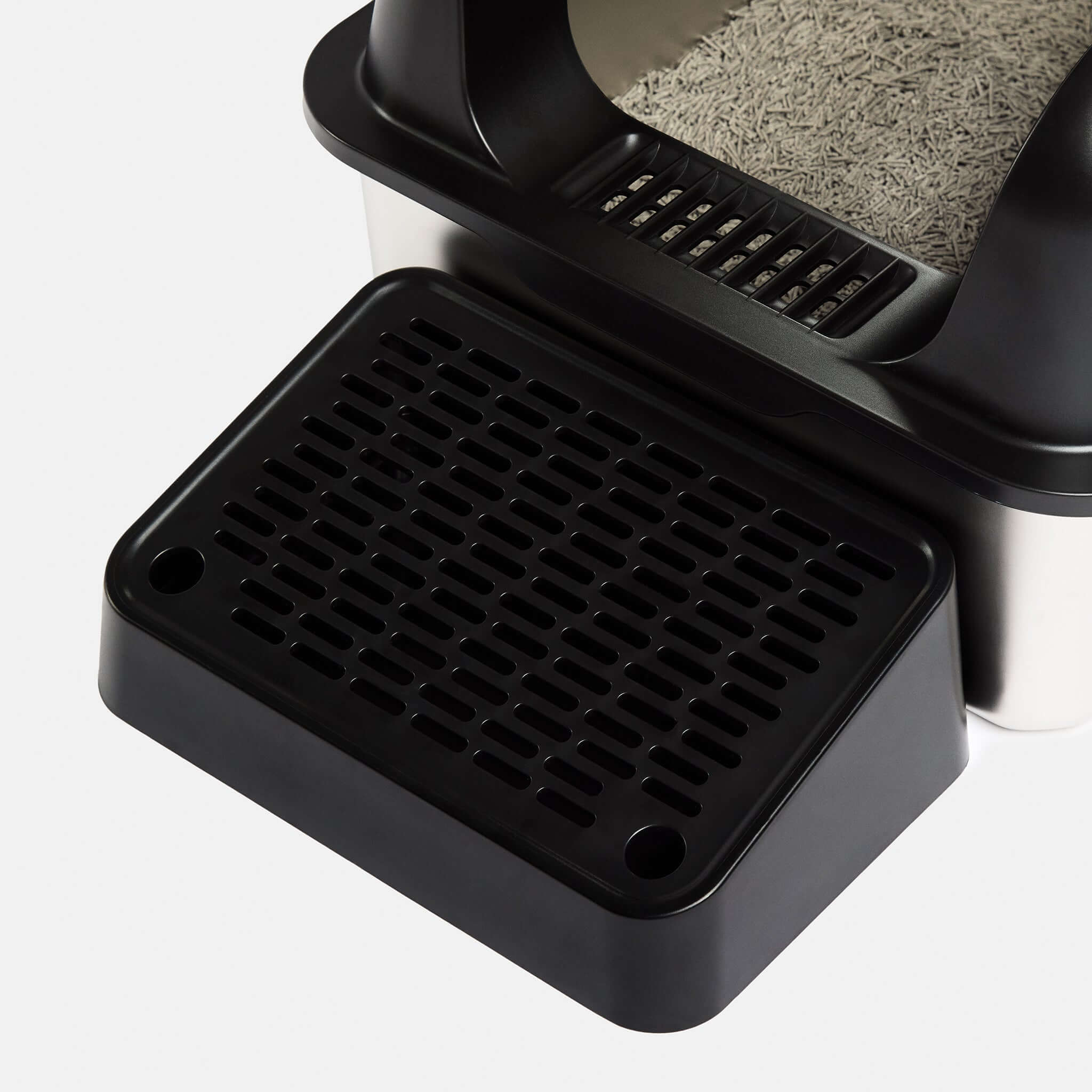 Barely There Litter - Stainless Steel Litter Box Black With Black Paw Cleaner Step